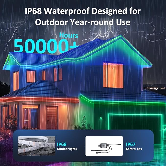 200FT Outdoor RGB LED Strip Lights, IP68 Music Sync Led Lights with App Control and Remote,Color Changing Waterproof Led Rope Lights for Outdoor, Balcony, Roof, Garden, Stairs