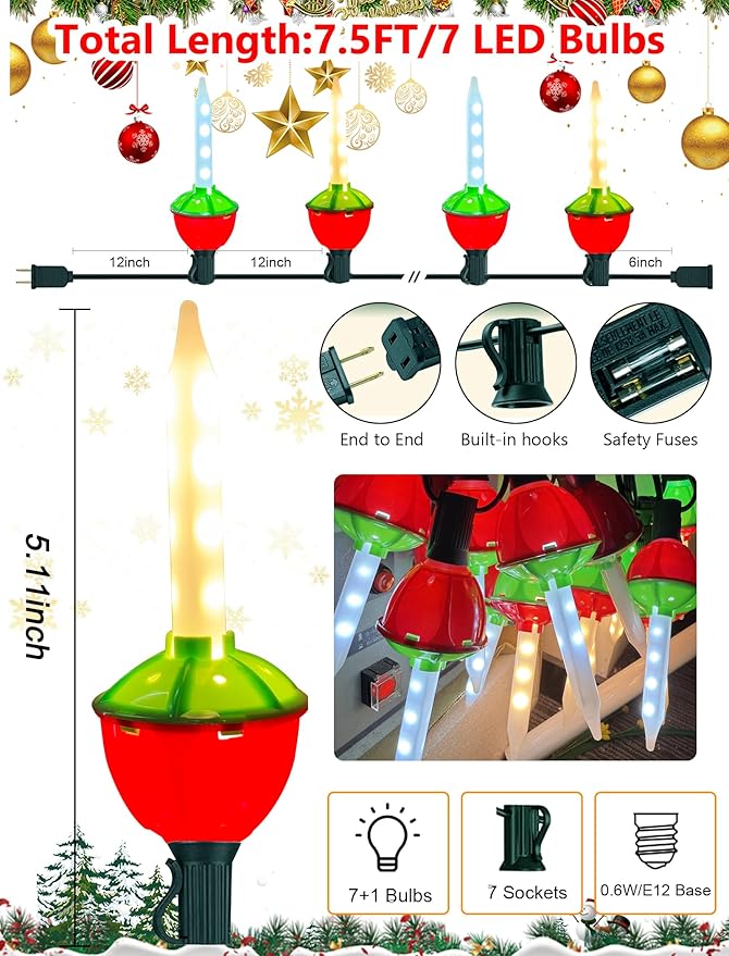 Christmas Bubble Lights Plug in, 7.5Ft Vintage Christmas String Light Outdoor with 8 LED Red Green Bubble Lights Glow Twinkling Warm White for Holiday Party Fireplace Garden Tree Pathway Decorations
