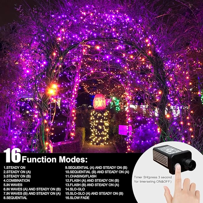 LAMPHOME 66ft Halloween Decorative Mini Lights, 200 LED Green Wire Fairy Starry String Lights Plug in, 12 Lighting Modes, for Halloween Decoration Outdoor Party Decoration (Orange and Purple)