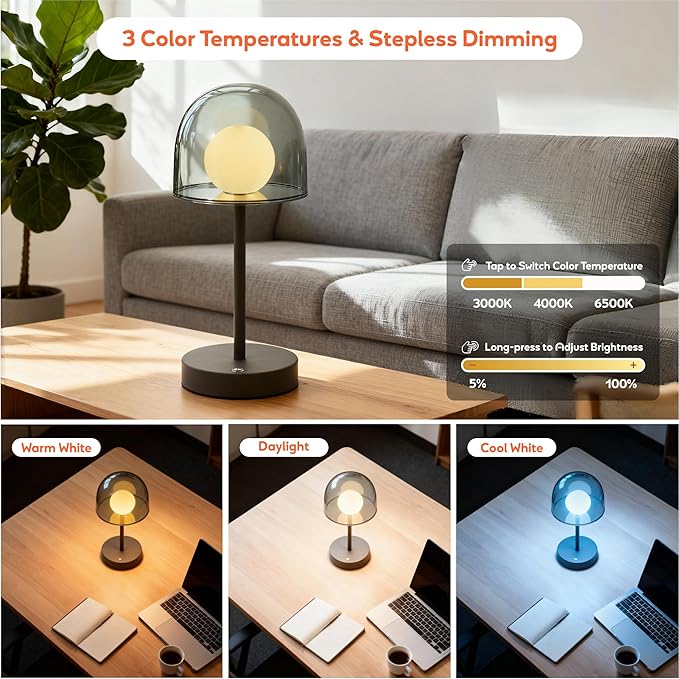 Rechargeable Mushroom Lamp, Small Cordless Table Lamp with Stepless Dimmable, Portable Modern Lamp IP44 Touch Control for Bedroom Living Room Bathroom Balcony, 7.7" W x 10.6" H (Smoky Grey)