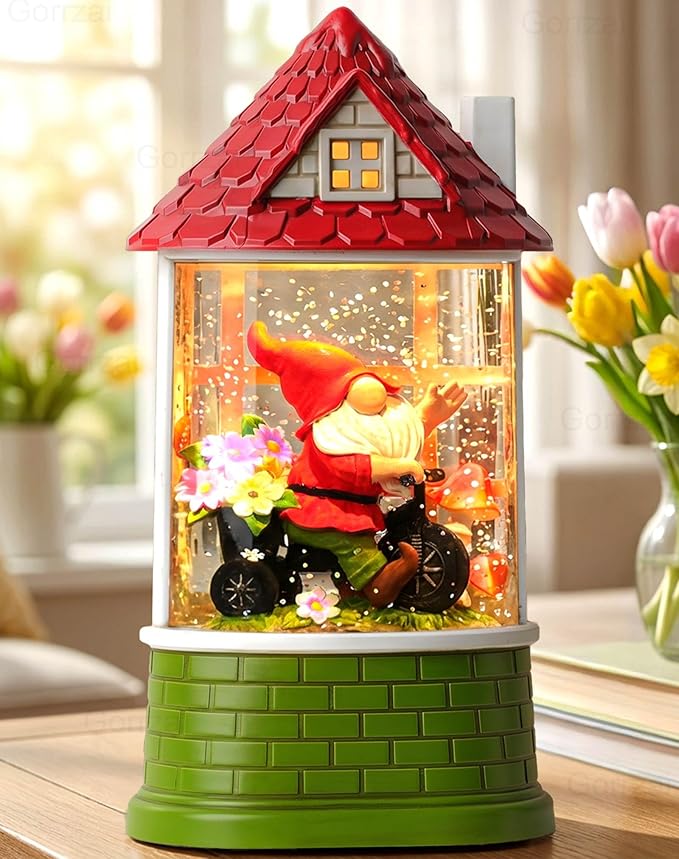 Spring Snow Globe Lantern Easter Decorations for Home with Timer Swirling Glitter, Lighted Indoor Decor Gifts with Gnome, USB or Battery Operated