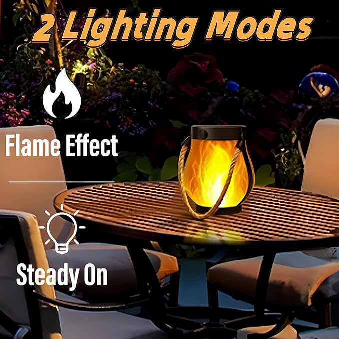 Dancing Flame Solar Lantern Outdoor Lights, Flickering Flame Hanging Lanterns with Magic Flames, Dual Charging (Solar & USB), Waterproof for Garden, Patio, Yard, Pathway (2 PCS)