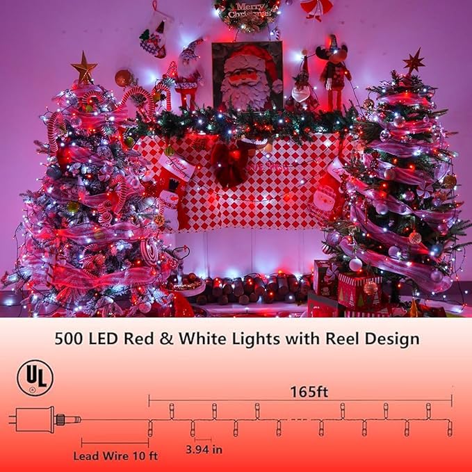 QITONG 165ft 500 LED Red and White String Lights, Christmas String Lights with Green Wire, 8 Modes Twinkle Lights Plug in