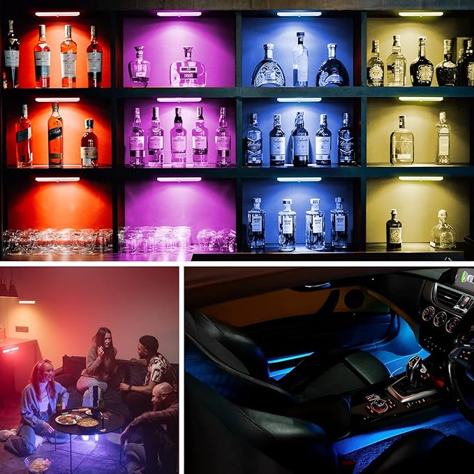 Under Cabinet Lighting Wireless with Remote, 48 LED Rechargeable Under Cabinet Lights, Kitchen Counter Lights Dimmable LED Closet Light RGB Bar for Shelf, Car, Hallway, 15 Color Changing, 6 Pack