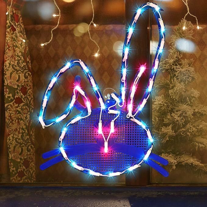 LAMPHOME 17" Lighted Blue Easter Bunny Head Window Silhouette
