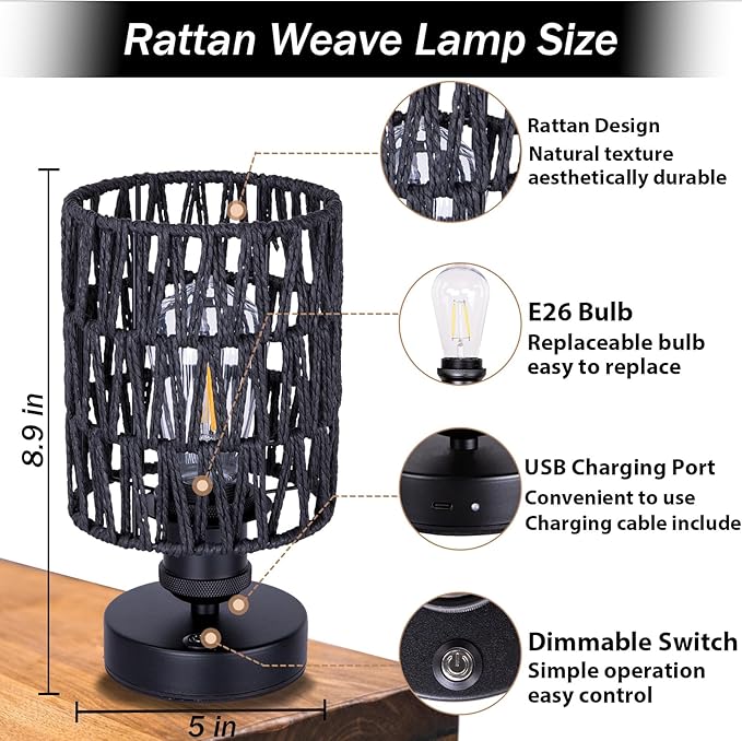 Cordless Outdoor Table Lamps, Rechargeable Rattan Boho, Dimmable Battery Operated for Patio, Home, Living Room, Bedroom, Bedside - Set of 2 (Black)
