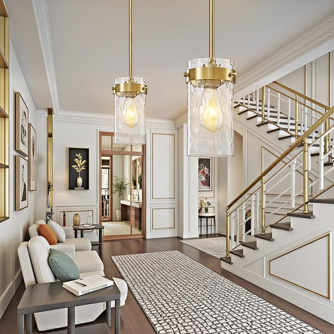 4.72" Hammered Glass Pendant Lighting for Kitchen Island 2 Pack, Modern Brushed Gold Pendant Light Fixtures, Adjustable Ceiling Pendant Light for Kitchen Island Dining Room Bedroom Hallway