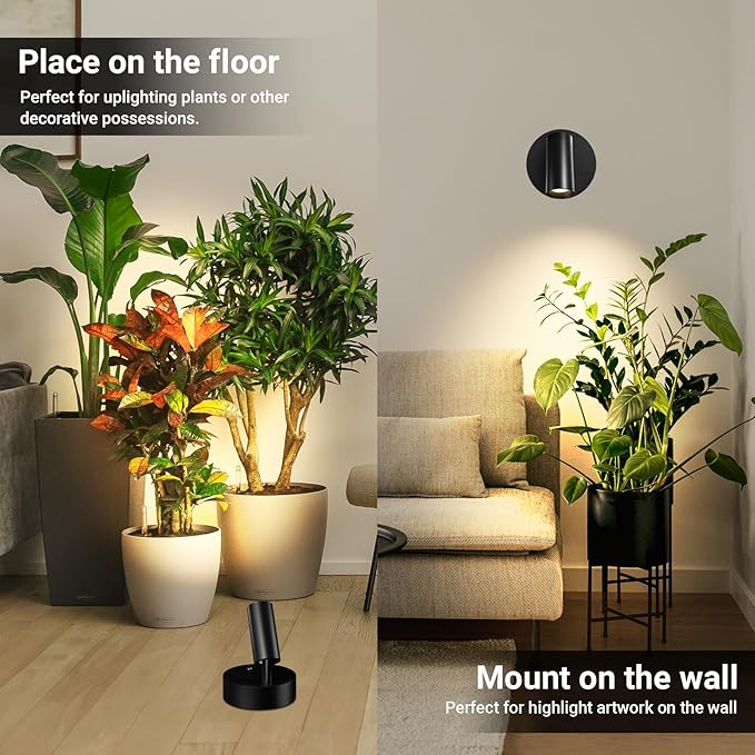 Wireless Led Spotlight Indoor, Rechargeable Uplighting Indoor with Remote Dimmable, 350° Rotate, Battery Powered Ceiling Spotlight for Artwork Painting Tree Plant Picture Lights
