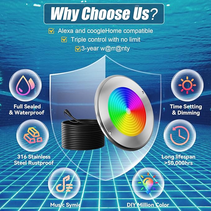 60W 10 Inch Smart LED Pool Lights - WiFi APP/Remote/Controller Control, Multicolor Changing Underwater Lighting for Inground Pools, Large 10" Wet Niches Compatible - 60Ft