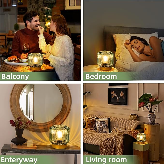 Battery Operated Lamp with Timer, Cordless Lamps for Areas No Outlets, Decorative LED Small Lamp with Original Vintage Lantern Design, Glass Mood Light for Entryway, Bedroom,Bathroom (Green)