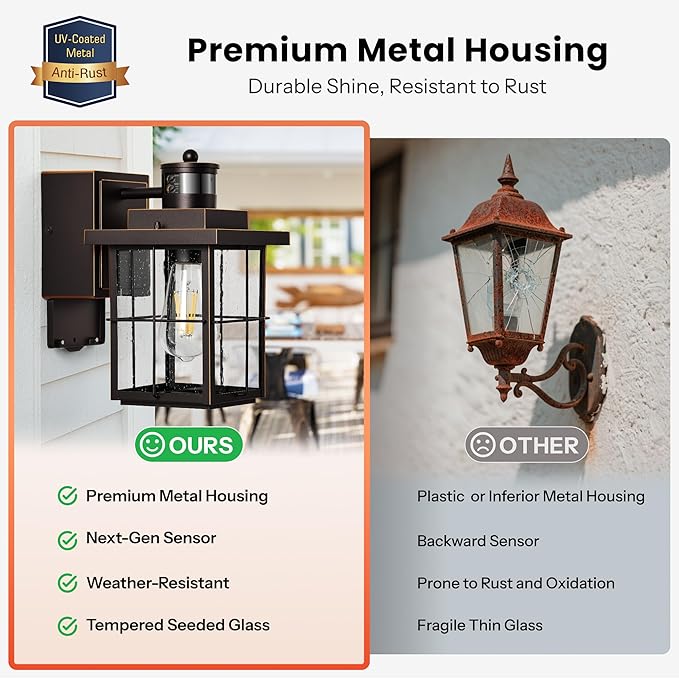 Gleamz Motion Sensor Front Porch Light with Outlet, Oil Rubbed Bronze Outdoor Light with GFCI Outlet, Exterior Sconce Light with Adjust Sensitivity, Garage Lights Wall Lantern for Coach, Balcony, Home