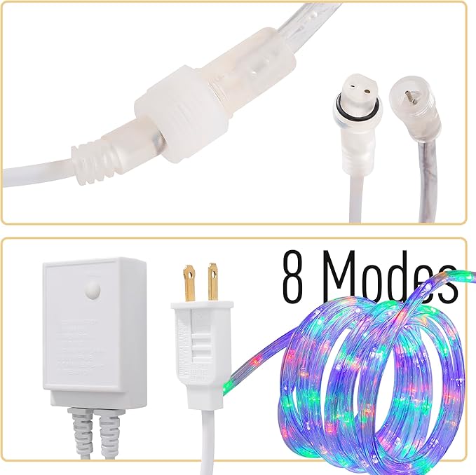 Waterproof LED Rope Lights, Connectable & Flexible with 8 Modes, Outdoor Lighting for Deck, Garden, Pool, Patio & Christmas Decor (Multicolor, 50ft)
