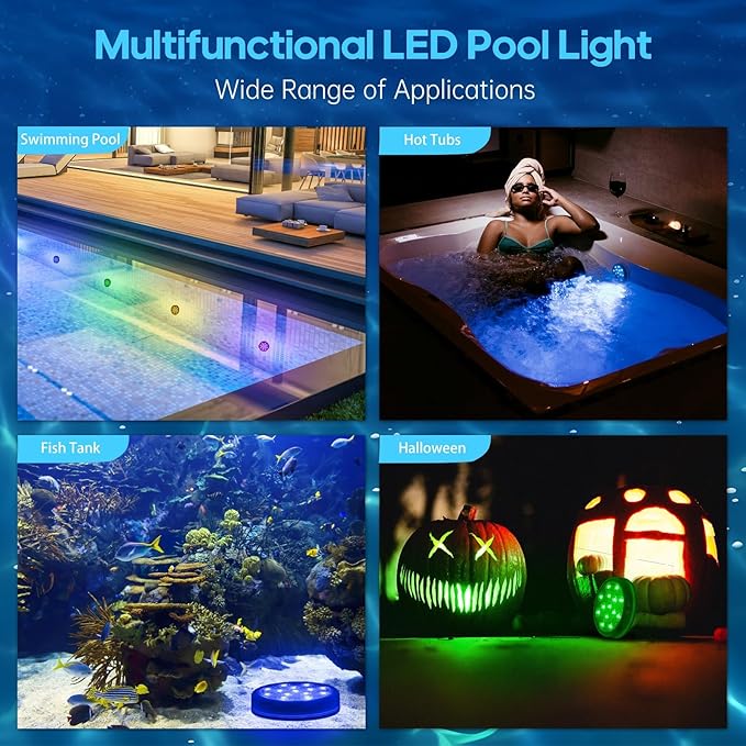 4-Pack Rechargeable Pool Lights with Remote, 16 Color IP68 Waterproof LED Lights for Inground/Above Ground Pools, Hot Tubs - 3 Mounting Options (Magnet/Glue/Suction)