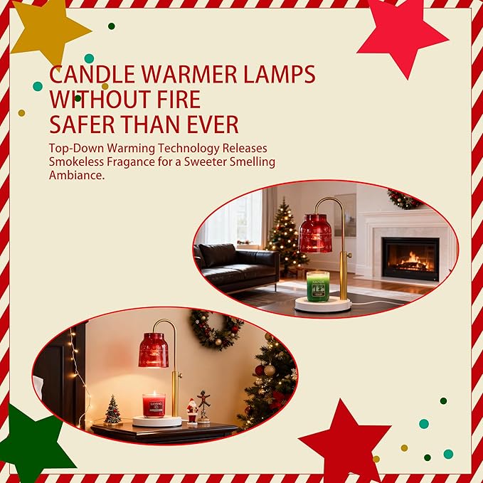 Christmas Candle Warmer Lamp, with 2 Bulbs,Timer & Dimmer,Compatible with Large Yankee Candle Jars,3 Wick Candles,Height Adjustable Electric Top Melter,Red,110-120v,Mother's Day Gifts