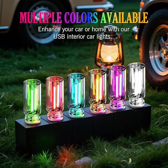 2PCS Car USB Night Light Touch Dimmable LED Filament Lamp, Mini Glass Bottle USB Night Light, Plug-in Ambient Lights Retro Car Atmosphere Lamp for Vehicle Bedroom Hallway Camping Holiday Decor, Red