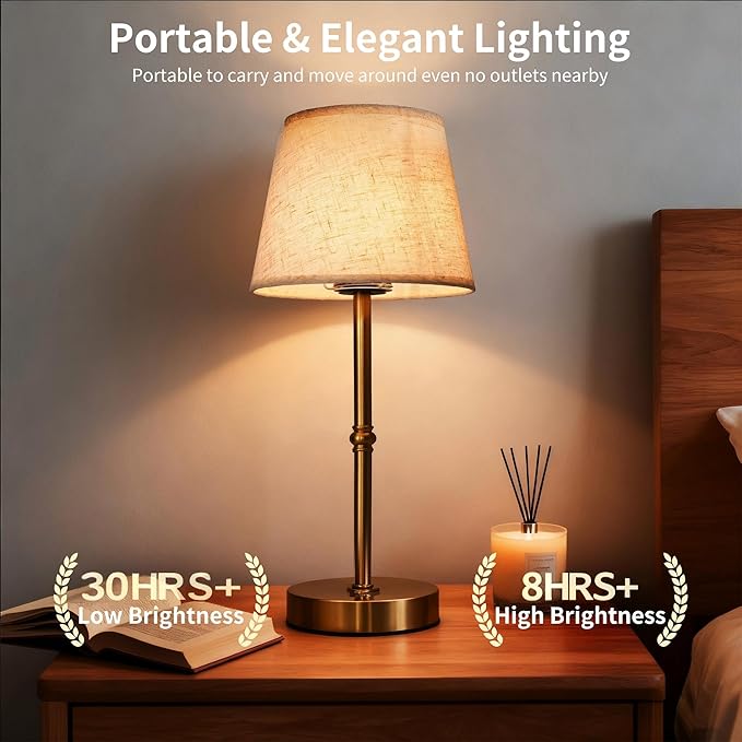 2-Pack Cordless LED Table Lamp, 6000mAh Rechargeable Battery Operated Desk Lamp, 3-Level Dimming Metal Portable Nightlight for Restaurant, Bedroom, Bar, Patio, Gold