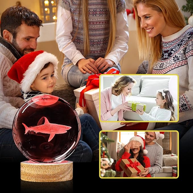 3D Crystal Ball Night Light with Wooden Base, 3.15" Shark Glass Ball Lamp, 16 Colors, Remote Control, Cool Desk Decor