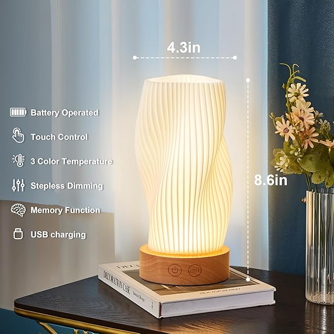 Battery Operated Portable Desk Lamp Set of Two, Dimmable Cordless LED Table Lamp,3 Colors & Memory Function, Modern Rechargeable Bedside Lighting for Living Room, Bedroom, White, 8.6inch