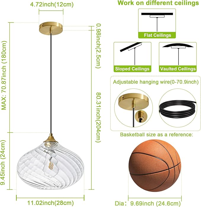 Glass Pendant Lights Kitchen Island, Brass Gold Pendant Lighting Fixtures, Modern Hanging Ceiling Light with 11'' Striped Clear Glass Shade for Farmhouse Dining Room Bedroom Hallway(1 Pack)