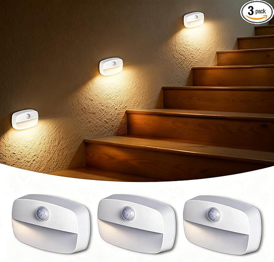 3Pcs Stick-on Motion Sensor Stair Lights, Warm White LED Night Light, Stick-Anywhere Stair Lights, Closet Light, Battery Operated Wall Light for Kitchen, Hallway, Bedroom, Bathroom, Stairs