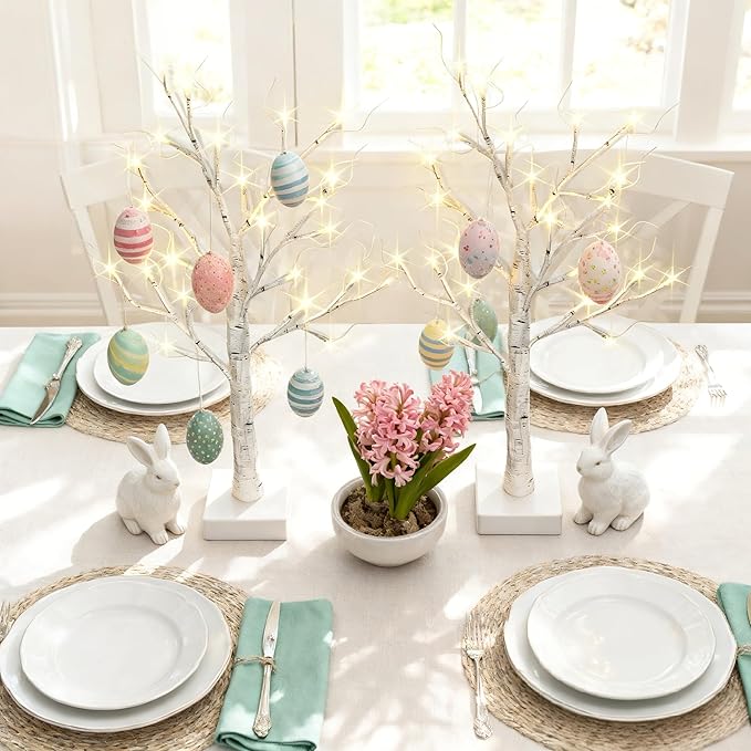 2-Pack Lighted Easter Spring Mothers Day Christmas Tree Decorations Indoor, 2ft Birch Tree with LED Lights, Small Tabletop Patriotic Valentines Day Tree with Lights,Battery- Powered