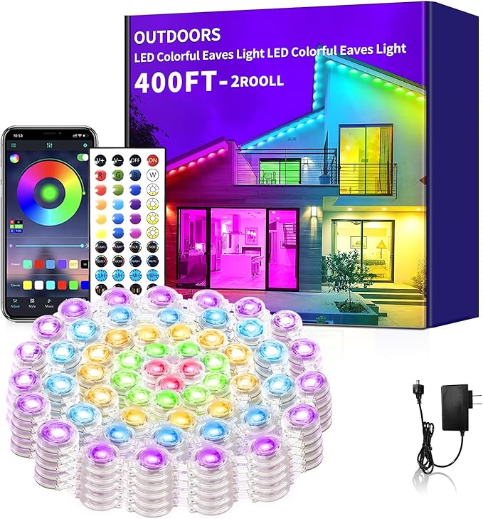 Permanent Outdoor Lights 400ft,RGB Eaves Light,IP67 Waterproof Year Round Outdoor Lights,Decorative House Light for Party,Daily,Rooftop,Garden,Patio（2 Rolls 200ft）