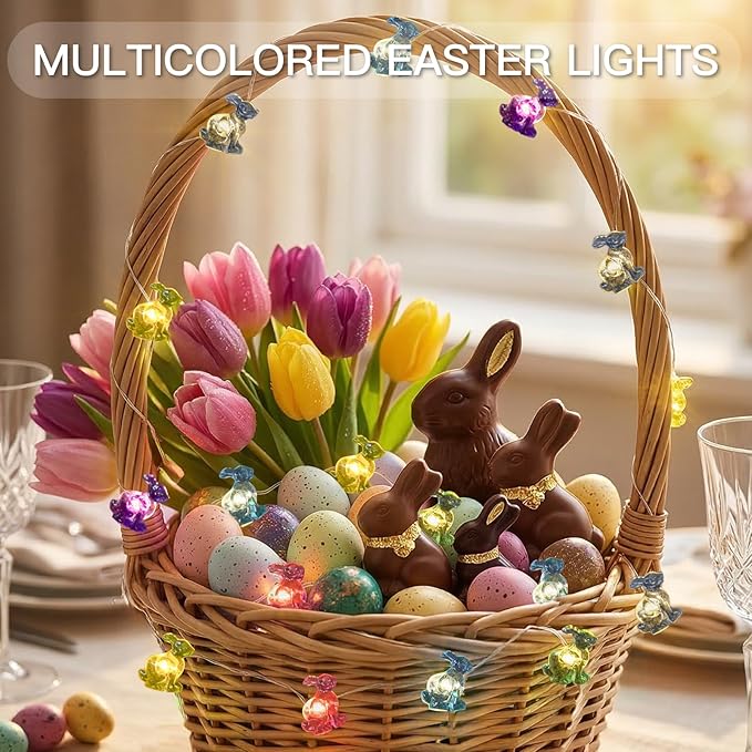 suddus Easter Bunny Battery Operated String Lights, 12.8ft 40LED Waterproof Colorful Easter Fairy Lights with Timer, Easter Lights String Led for Indoor, Tree, Mantle, Table, Outdoor, Spring Decor