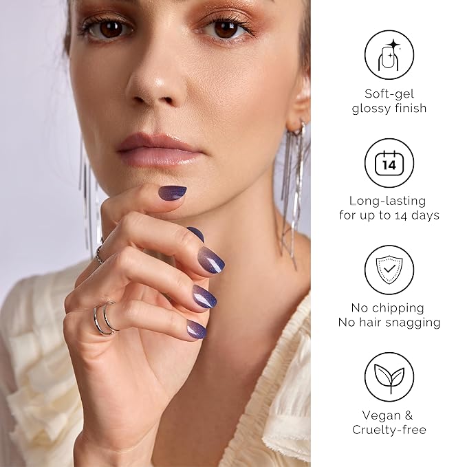Semi Cured Gel Nail Strips - NAILOG 20 Pcs Gel Nail Stickers | Buy 2 Get 1 UV Light | Extra Long Nail Wraps with Glossy Gel Finishing Gradient Purple, Descend