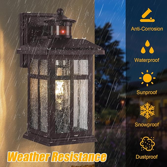 Updated Dusk to Dawn Porch Light, Exterior Light Fixtures Wall Mount Oil Rubbed Bronze, Porch Lights Dusk Dawn Bronze, with E26 Sockets & Tempered Glass, Dusk till Dawn Outdoor Lighting Fixture