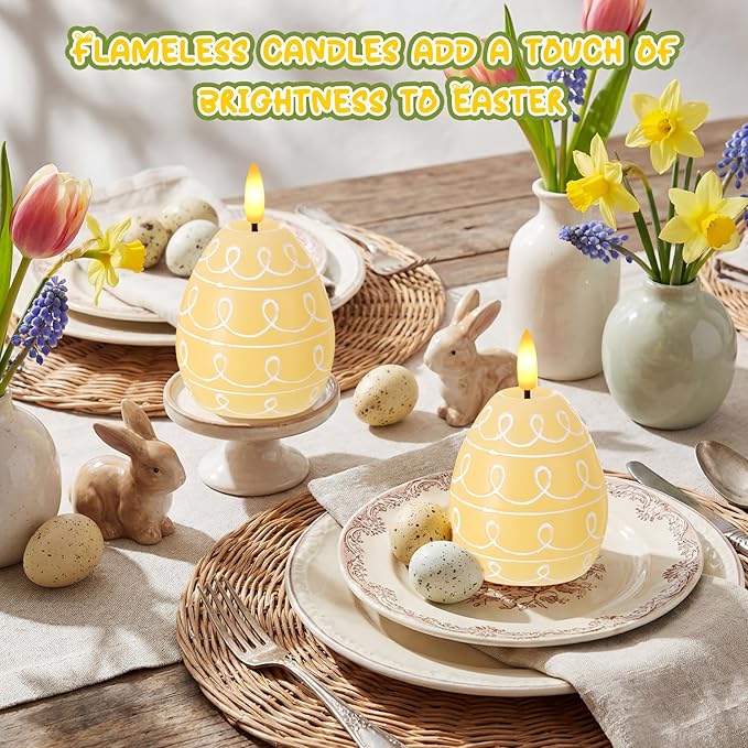Baquler 2 Pcs Easter Egg Flameless Candles with Timer Egg Shape LED Candle Real Wax Battery Operated Flickering LED Candles Gift No Battery for Easter Party Living Room Home Decor (Yellow)