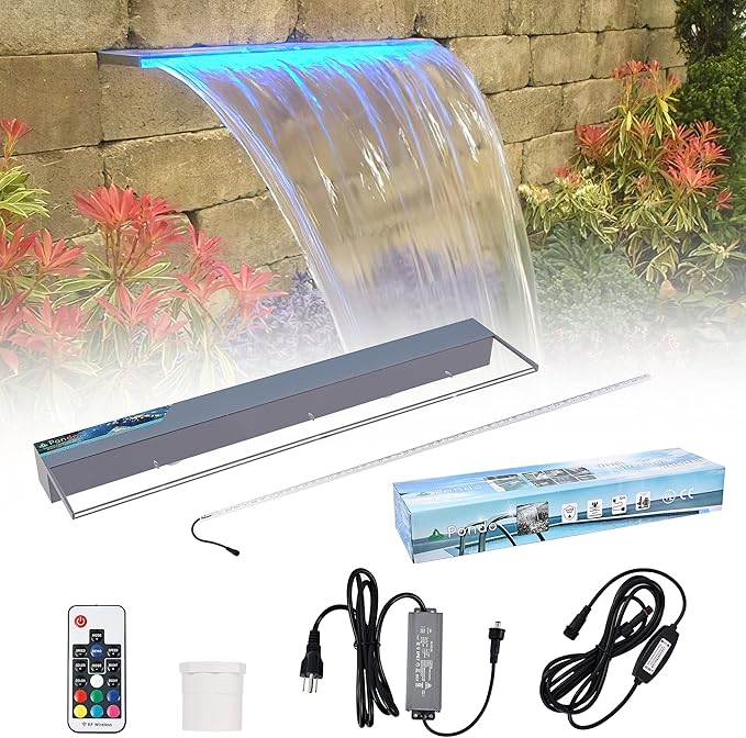 PONDO Lighted Waterfall Pool Fountain 36" with LED 7 Color Changing and Remote, Acrylic Waterfall Spillway for Sheer Descent Garden Outdoor