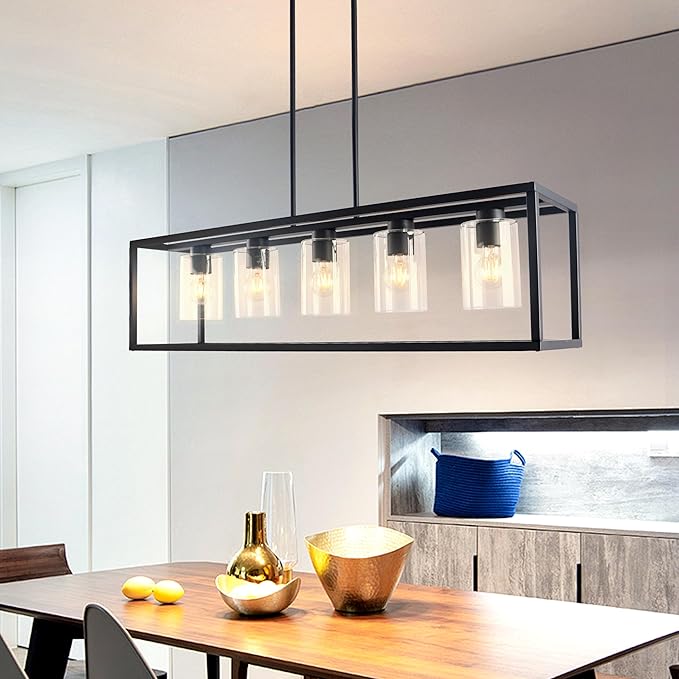 Kalium Chandeliers for Dining Room, 5 Light Dining Room Light Fixture Modern Metal Industrial Kitchen Lighting Fixtures Easy Installation Pendant Lights for Bar Restaurant, Coffee Shop-E26 Base,Black