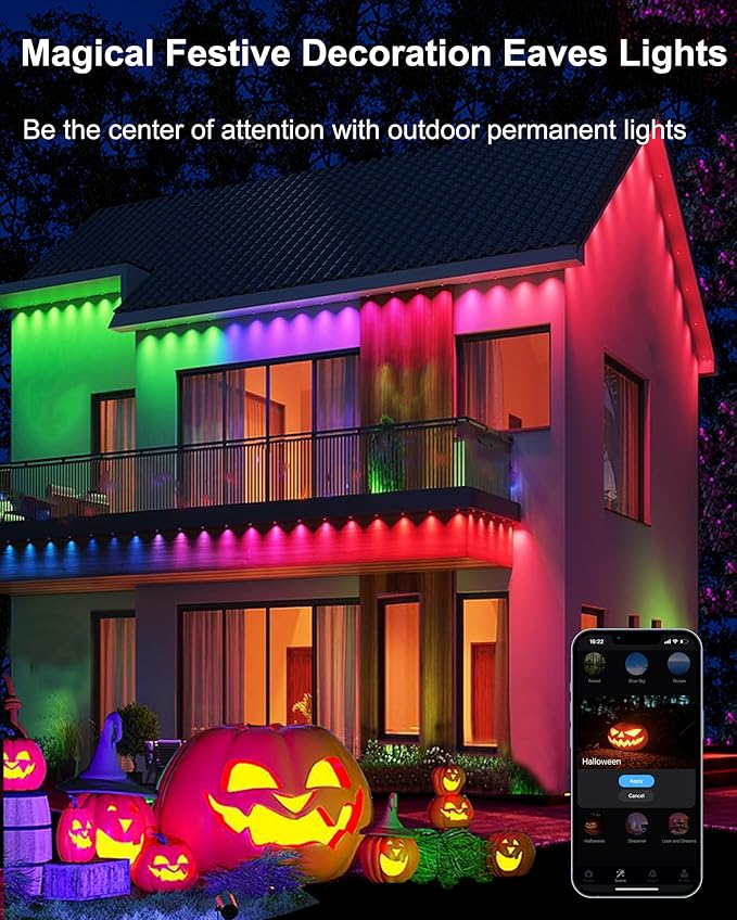 50FT Permanent Outdoor Lights, 108 Scene Modes Smart RGBW+IC Outdoor Christmas Lights with Remote APP Control, IP67 Waterproof LED Eaves Lighting for Halloween Party, Daily, Garden Decor