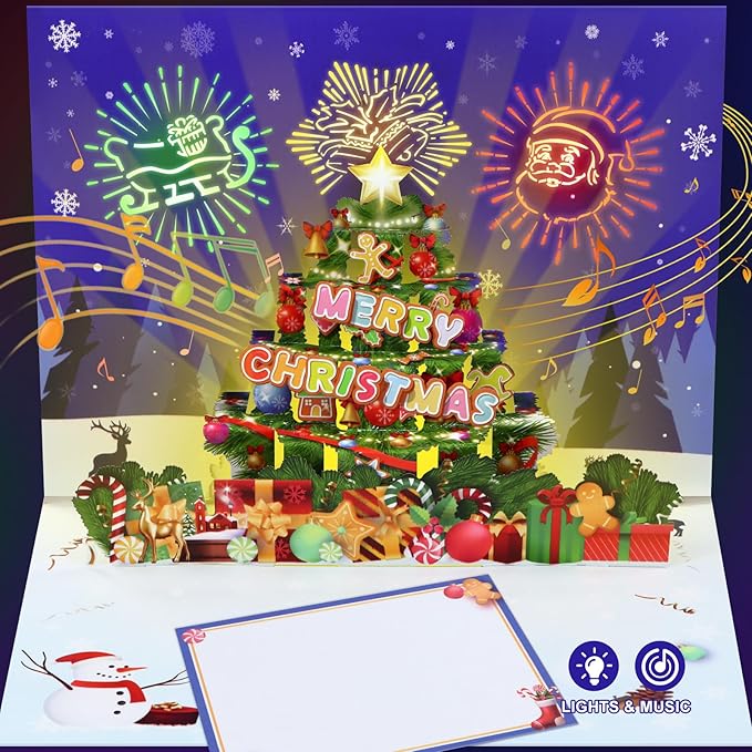 FaCraft Musical Christmas Cards, with Lights and Music, Handmade 3D Pop Up Christmas Tree Card, with Envelope, Blank Insert and Seal, for Winter, Holidays, New Year