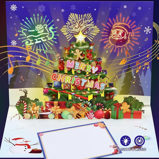 FaCraft Musical Christmas Cards, with Lights and Music, Handmade 3D Pop Up Christmas Tree Card, with Envelope, Blank Insert and Seal, for Winter, Holidays, New Year