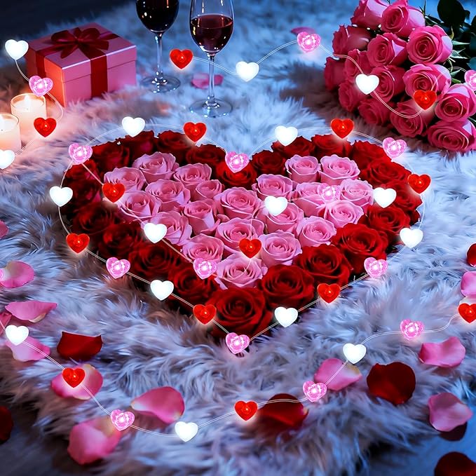 ZGWJ Valentines LED Fairy Lights, 2 Pack 50LED 16FT Red-White-Pink Heart String Lights Battery Operated,Waterproof Valentines Lights for Wedding Party,Mother's Day Indoor Outdoor Decoration
