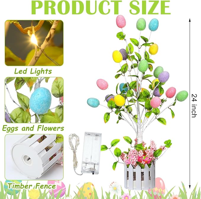 24 Inch Tall Lighted Easter Egg Tree Tabletop Decoration with LED Light Indoor Glow Easter Egg Tree Table Decor for Home Party Wedding Holiday Spring Party Decoration