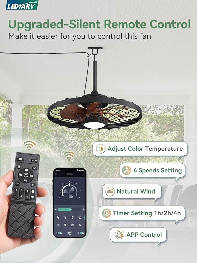 LEDIARY 24" Outdoor Ceiling Fan with Lights,IP65 Waterproof Gazebo Hanging Fan with Remote Control Smart App, Plug in Caged Ceiling Fan with 3CCT 6-Speeds for Patio Porch Pergola(Walnut)