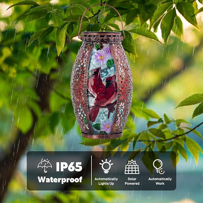 Larger Hanging Cardinal Solar Lantern 2 Pack Waterproof, Solar Lantern Decorative Cardinals Solars Lights for Outside Yard Table Patio Garden Pathway Lawn Cardinal Gifts