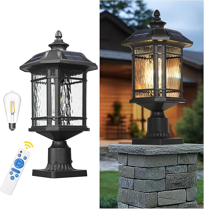 Emliviar 20.5" Solar Post Light Outdoor, Large Black Solar Column Light Head with Remote Control, LED Exterior Fence Lamp with Water Grain Glass, 22021MP-SL BK