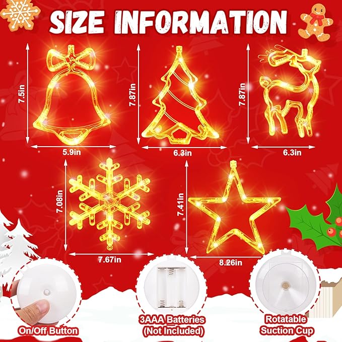 Asaint 5Pcs Christmas Window Lights Decorations,Lighted Bell Tree Reindeer Snowflake Star Battery Operated with Suction Cup for Christmas Window Glass Wall Indoor Decorations Muti-Color (Warm White)