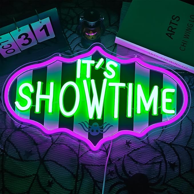 Ajoyferris It's Showtime Neon Sign Dimmable Neon Halloween Sign Showtime Led Sign Horror Movie Neon Lights Striped Gothic Light Up Sign for Halloween Party Decor
