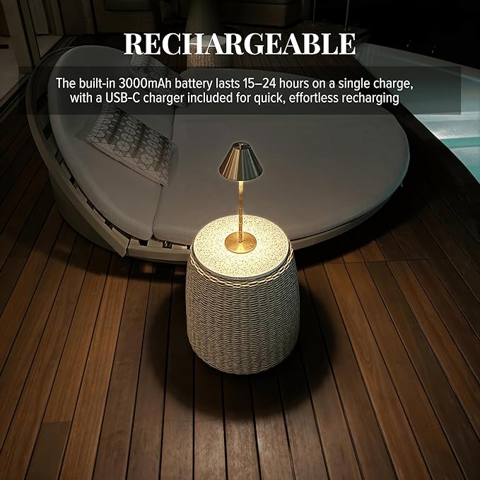 Bamboo Cordless LED Table Lamp – Rechargeable 24-Hour Battery, Dimmable Warm Light, 15" Portable Wireless Lamp with Remote for Indoor/Outdoor Use, Home, Patio, Restaurant – Polished Gold