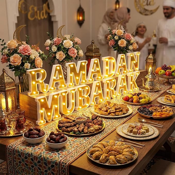 Ramadan Mubarak Large LED Lights Mirror-Effect Letter Lights Battery Powered Eid Mubarak Decorations for Party Decorations Indoor Outdoor