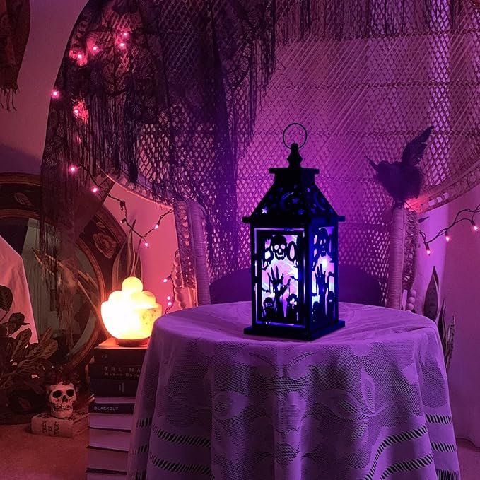 DECORKEY Halloween Decorations Indoor, 14.9" Decorative Graves&Skeleton Hands Lantern with 82" LED Lights(8 Modes; No Battery), Hanging Spooky Halloween Lanterns, Outdoor Home Room Door Party Decor