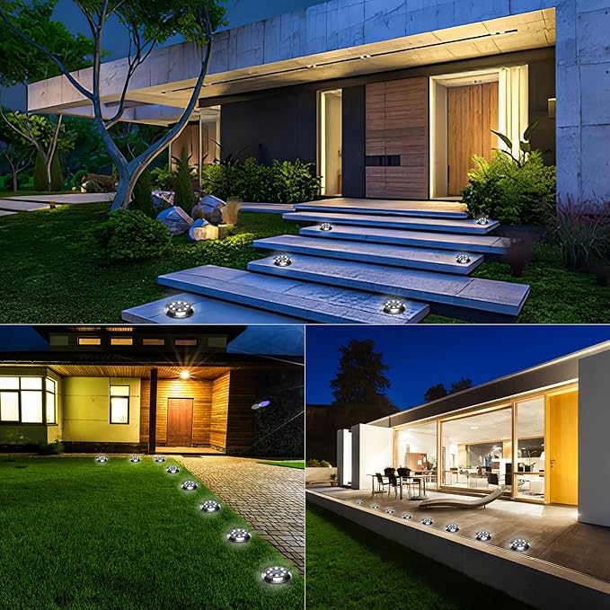 Solar Ground Lights, 8 Pack 12 LED Solar Disk Lights Outdoor Waterproof In-Ground Landscape Lighting for Garden Pathway Yard Lawn Patio Deck Driveway Walkway Outside Decor (Cold White)