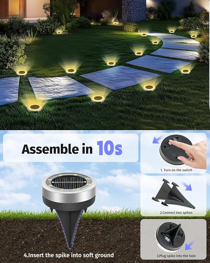 Mini Solar Ground Lights 2 Pack Outdoor IP65 Waterproof Solar Flat Garden Light Solor Powered Disc Pathway Lights for Outside Walkway Yard Landscape Patio Lawn Driveway-Warm White