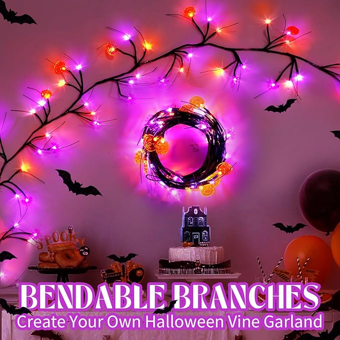 RJZZ 6FT 54LED Halloween Garland with Lights Orange and Purple Halloween Lights with Timer 8 Modes Waterproof Indoor Battery Operated Garland for Mantle, Wall, Fireplace