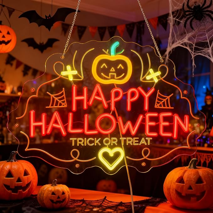 Halloween Neon Sign, Pumpkin Shape with 'HAPPY HALLOWEEN' Lettering, LED Party Decoration for Indoor Home/Bar/Haunted House