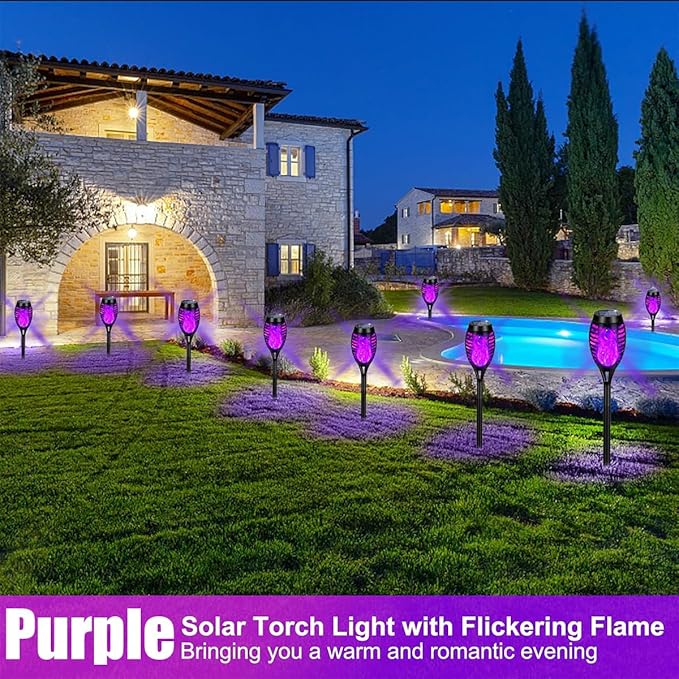 16 Pack Solar-Powered Flashlight Torches for Outdoor use, Dancing and Flickering Flame Torches for Landscape Decoration, Suitable for Paths, lawns, terraces (Purple)